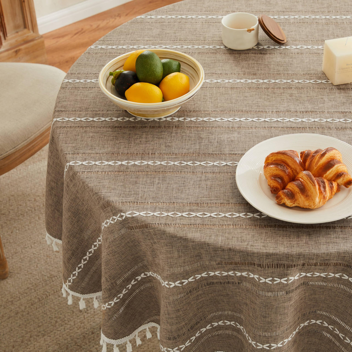 ZeeMart Hemstitched Striped Boho Table Cloth, 54x70 Inch Natural