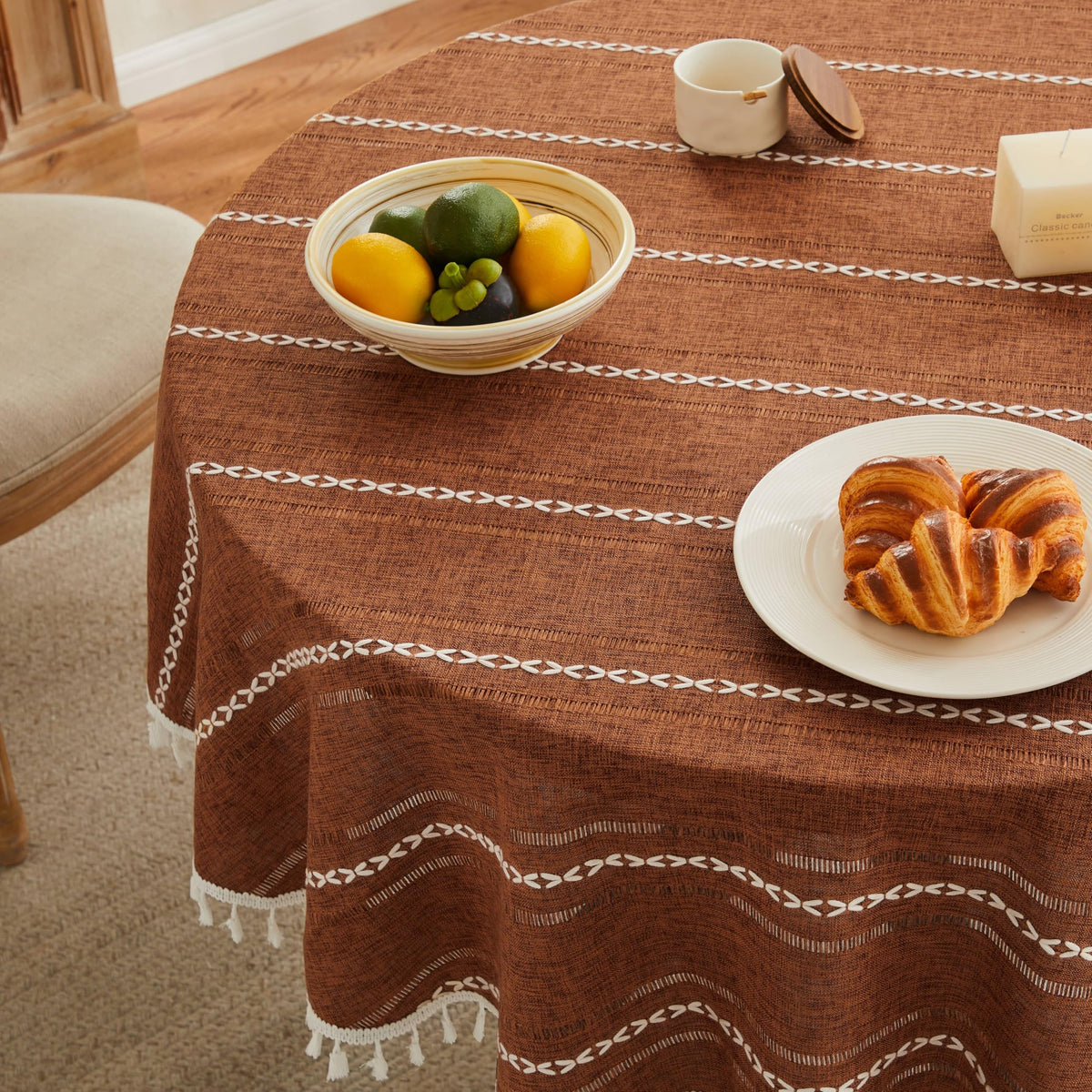 ZeeMart Hemstitched Striped Boho Table Cloth, 54x70 Inch Natural
