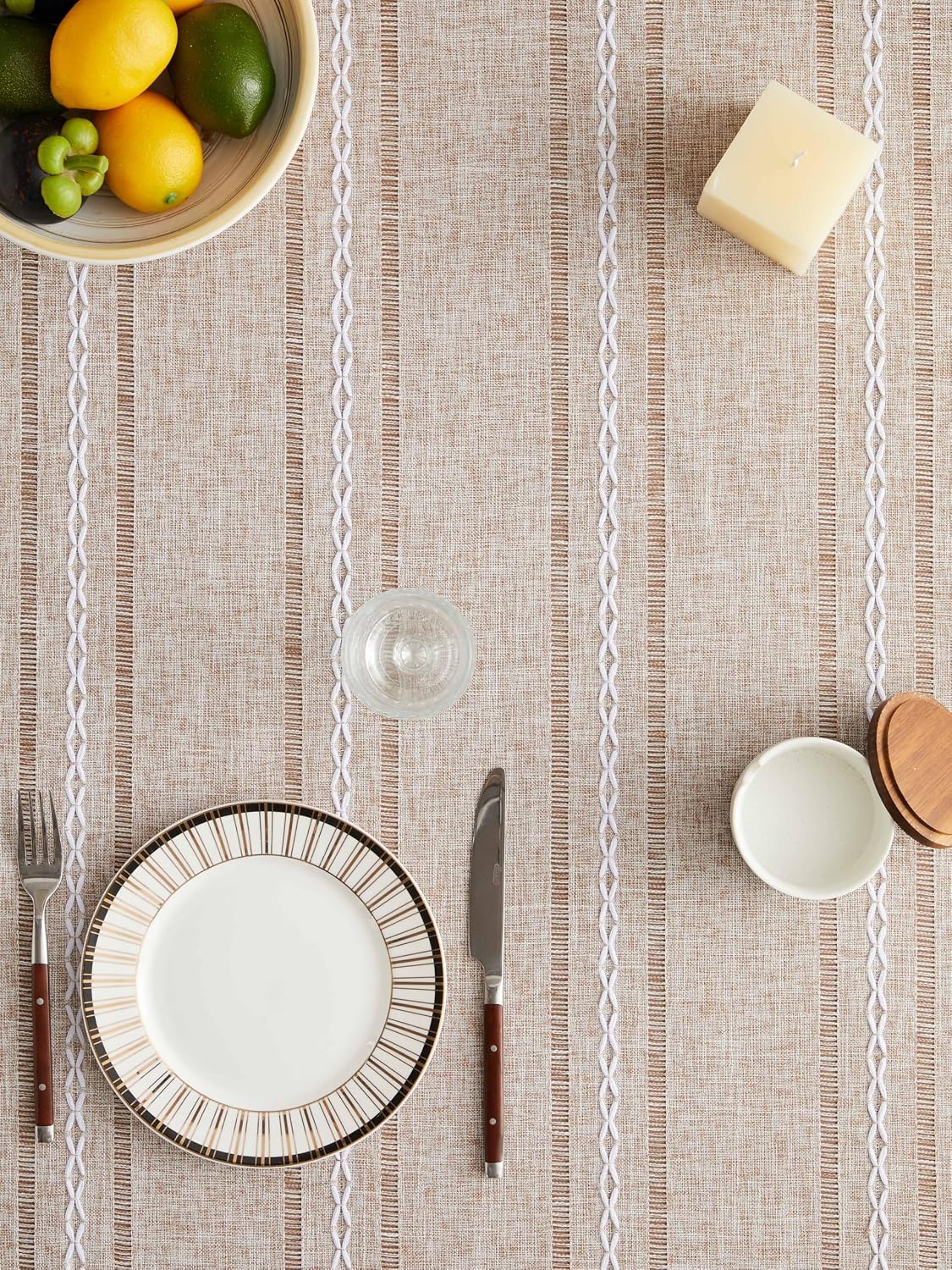 ZeeMart Hemstitched Striped Boho Table Cloth, 54x70 Inch Natural