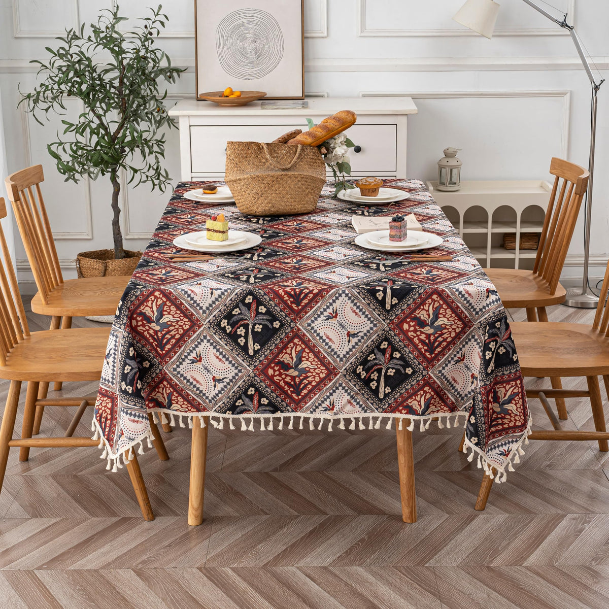 Boho Tablecloth for Square Tables,Fringed Edges with Geometric Pattern Tablecloths,Farmhouse Floral Table Cover Cloth Decorative for Kitchen Dining Room,59"x 59"