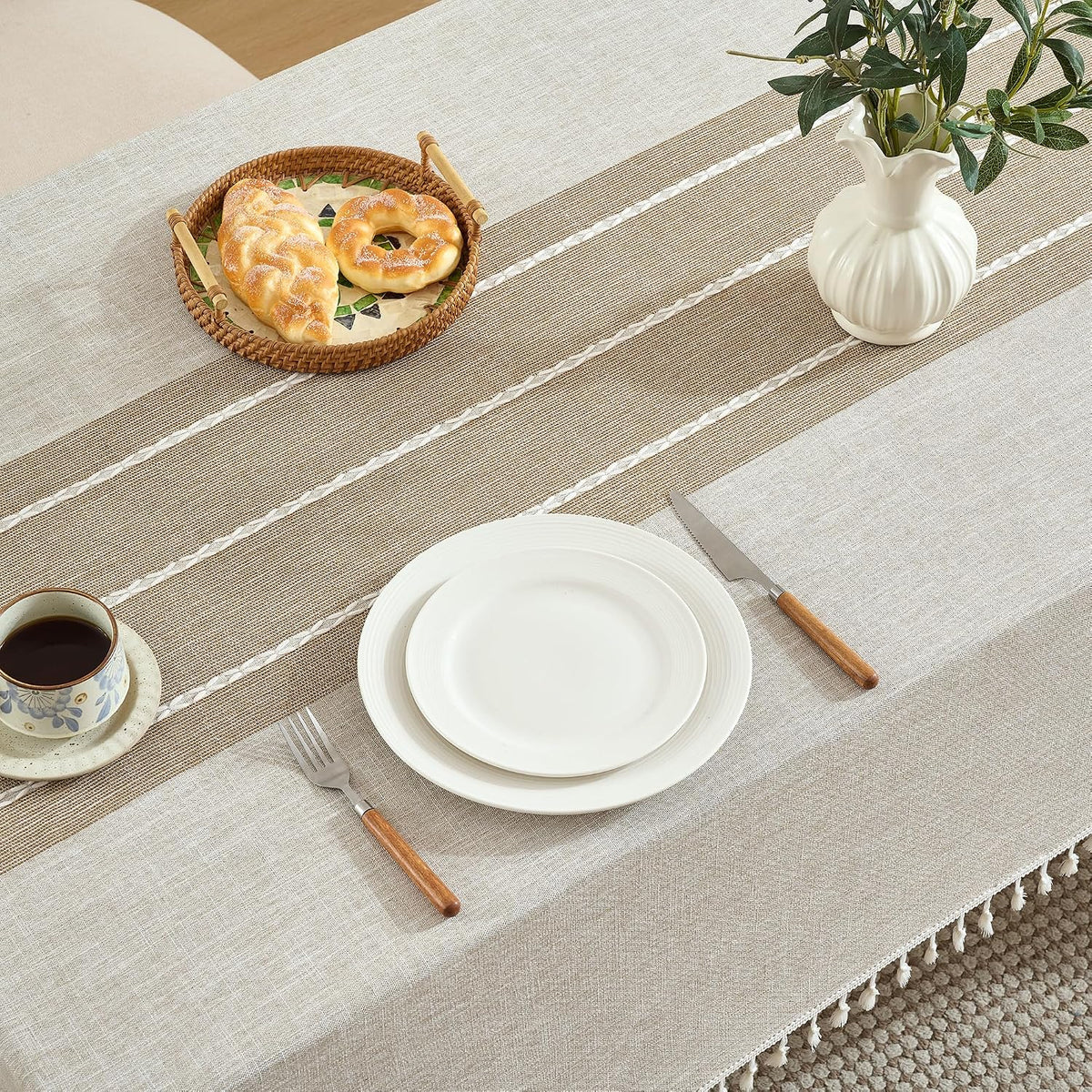 Tablecloth Rectangle Linen Style Fabric, 55 x 90 Coffee Lines